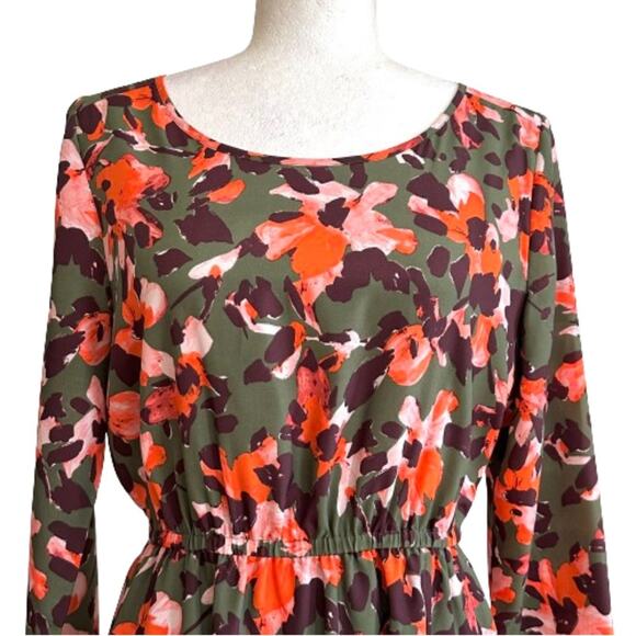 J. Crew Factory Green Orange Floral Long Sleeve Tulip Hem Lined Dress Size 6 - Picture 3 of 12